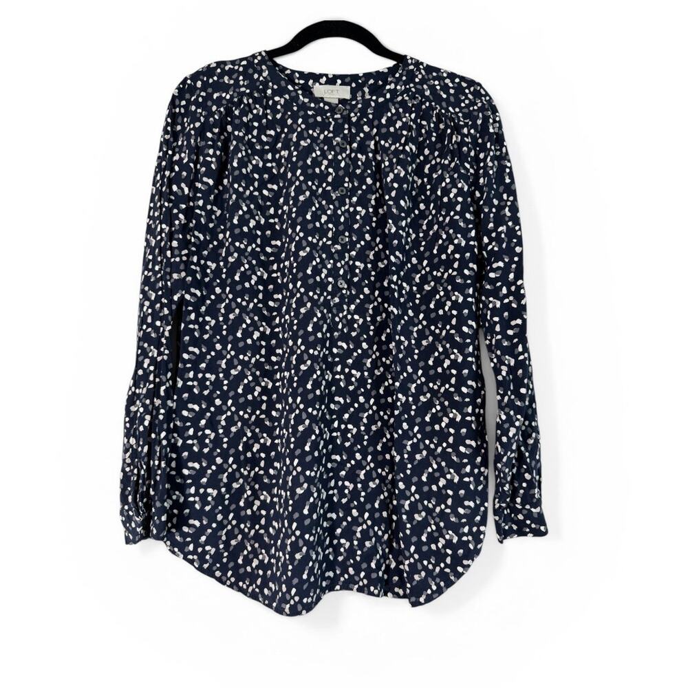 LOFT Outlet Navy Print Button-Front Blouse Preppy Lightweight M